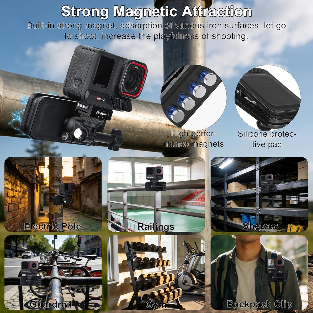 360° Magnetic Backpack Clip Mount for GoPro, DJI Osmo and Insta360 (view 4)