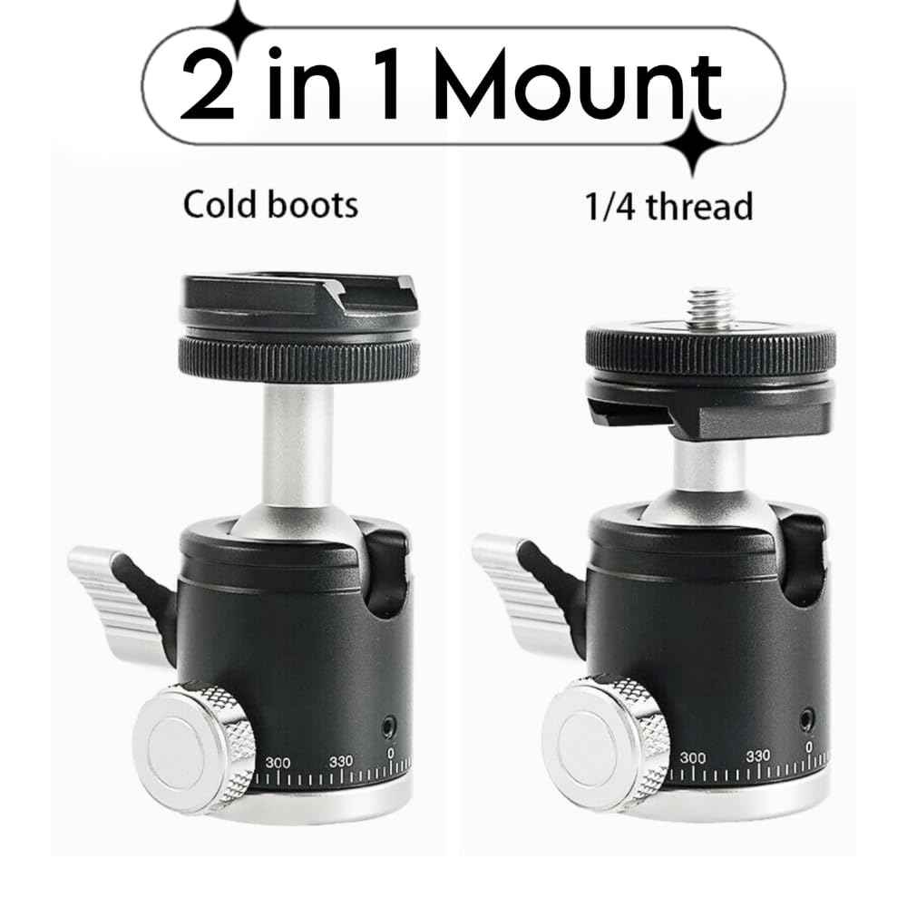 2 in 1 Ball Head Mount & Cold Shoe Mount for DSLR Camera, Tripod 1/4 screw 360 degree Panoramic Head