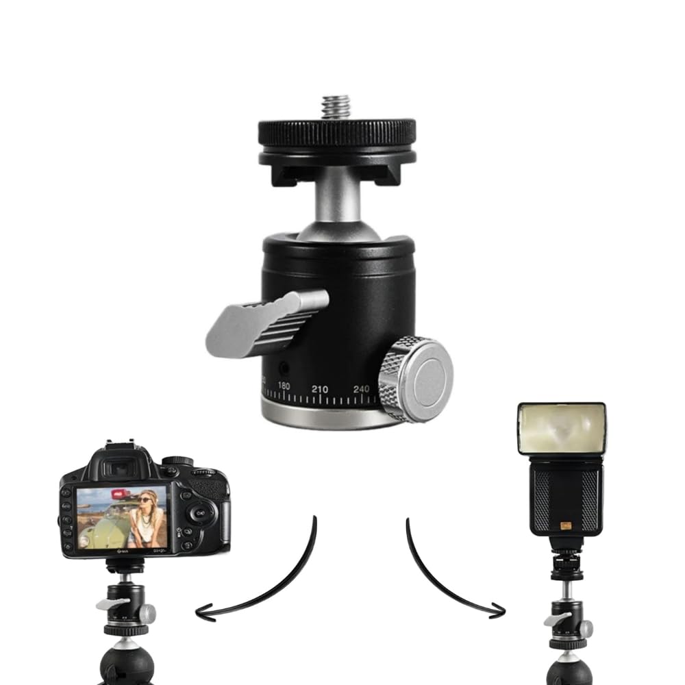 2 in 1 Ball Head Mount & Cold Shoe Mount for DSLR Camera, Tripod 1/4 screw 360 degree Panoramic Head