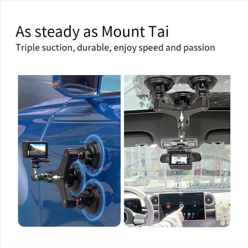 GetZget® Car Triple Suction Cup Holder For DJI Osmo 360, Action 3/4/5 PRO, Pocket 3, Insta360 X3,X4,X5,ACE 2 PRO, Gopro Series Camera Accessories