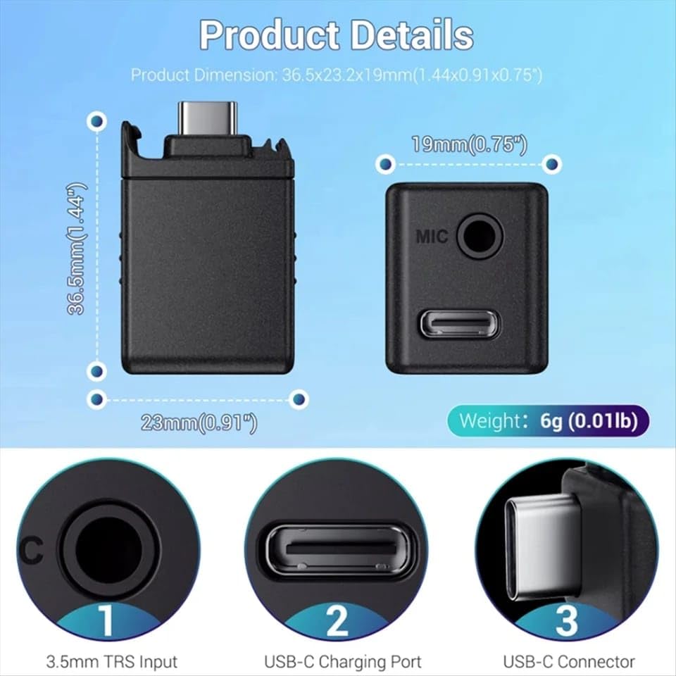 DJI Osmo Action 4 / Action 5 Pro  External Mic Audio Adapter Dongle – Type-C to 3.5mm Mic Input Converter Accessories