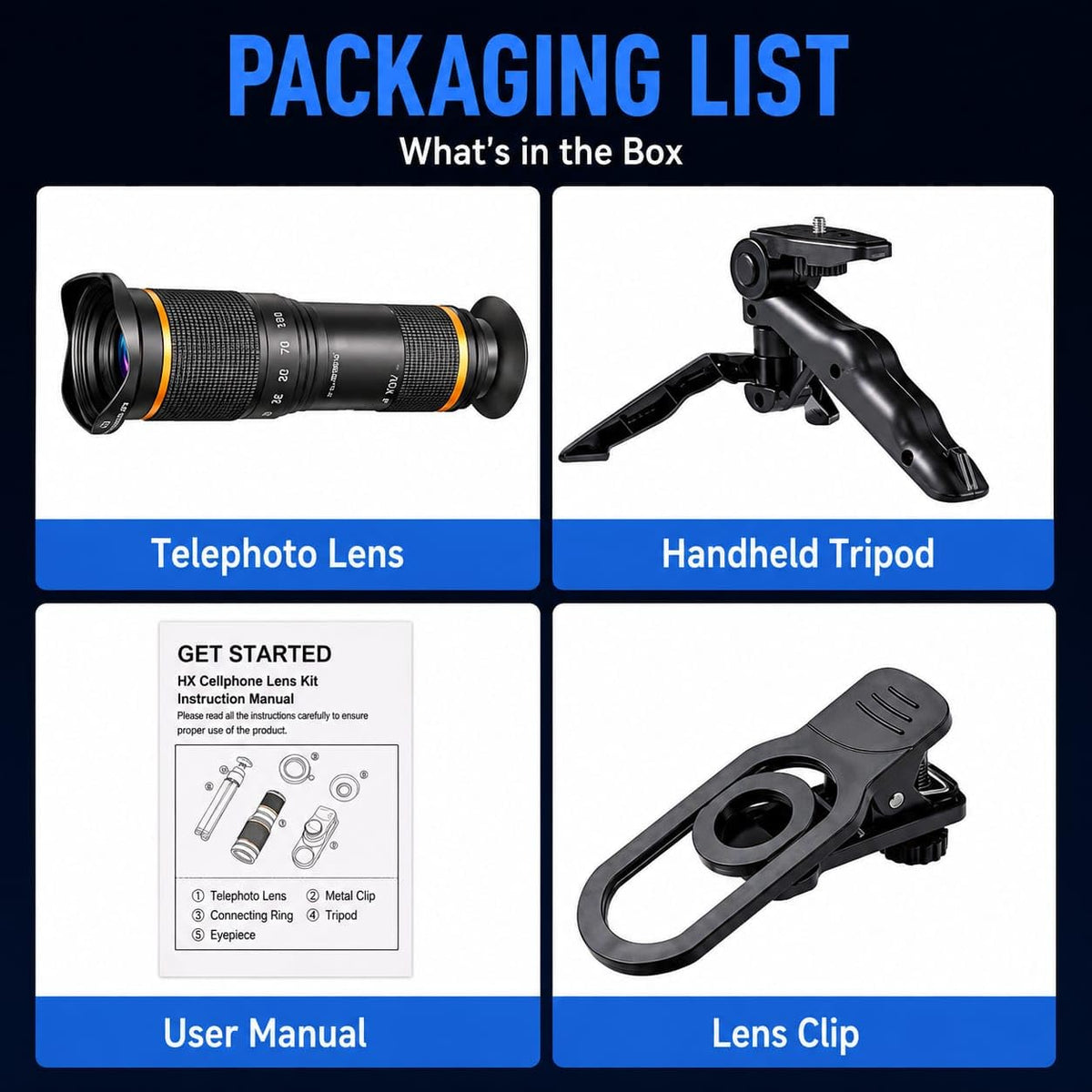 36X Telephoto Lens (17mm) for Smartphones with Clip and Handheld Tripod (view 5)