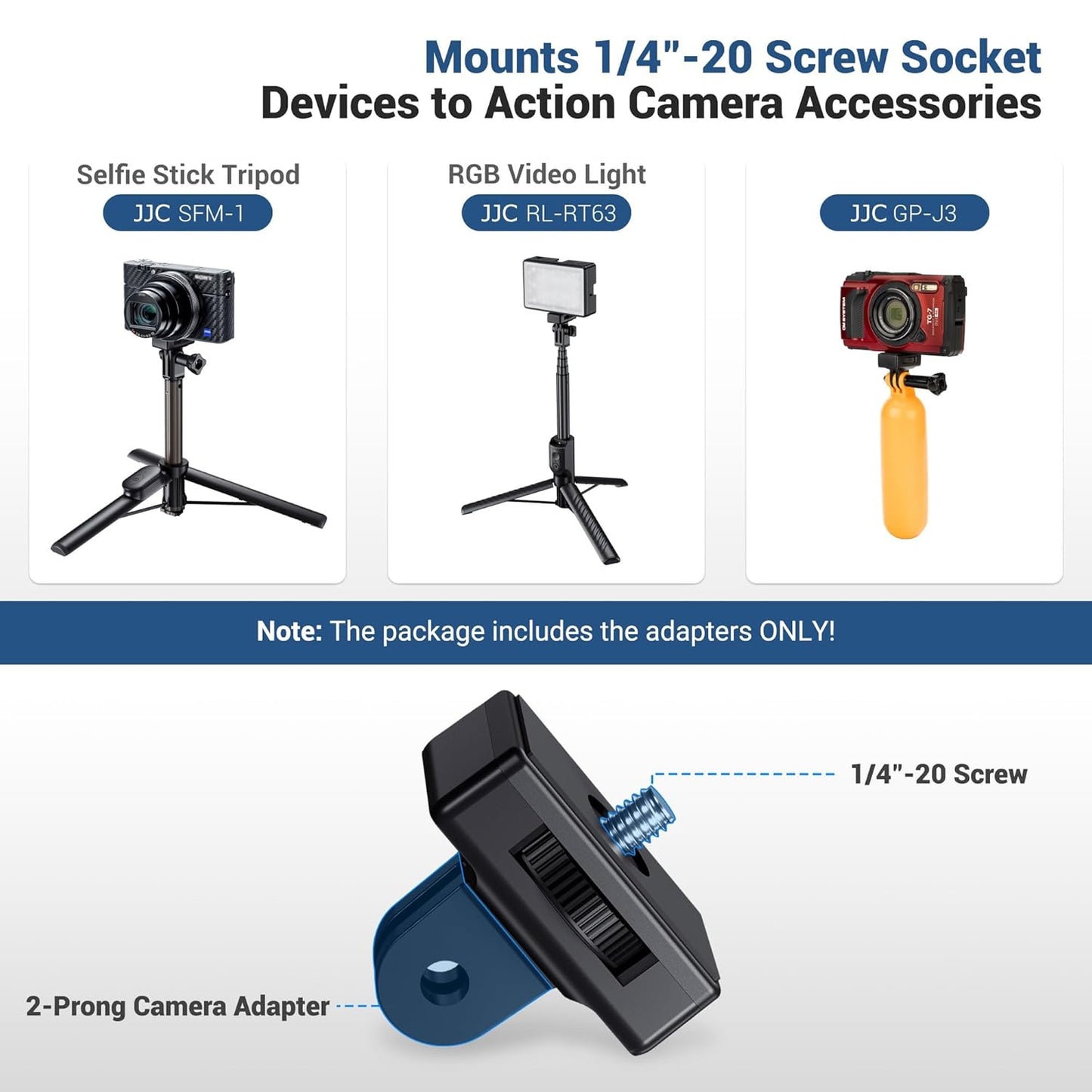 JJC 1/4"-20 Screw to 2-Prong Camera Mount Adapter For DJI Pocket Series, insta360 X2/ X3/ X4/ X5, Gopro Series,Any Action Camera Mounting Accessories