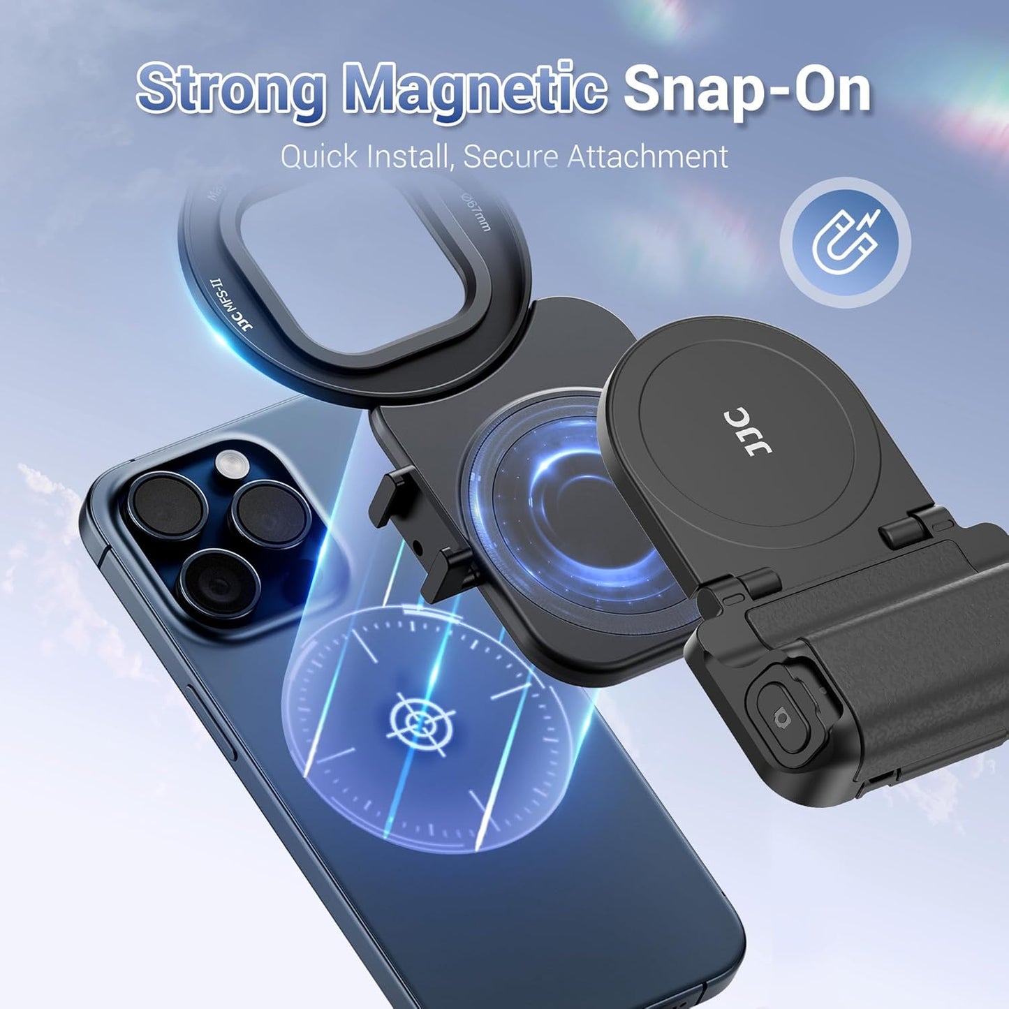 jjc (1+1) 67mm Magnetic Phone Lens Filter Adapter + Phone Snap Grip