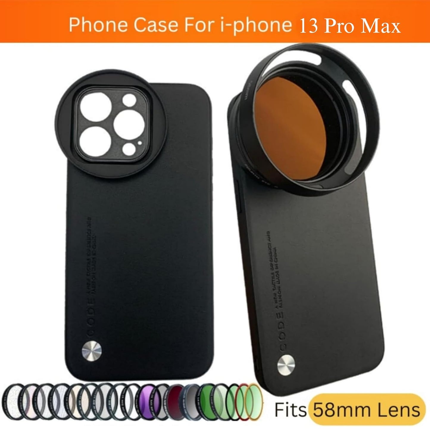 iPhone 13 Pro Max for 58mm Lens Nd Filter Attachable Aluminum Slot Mobile Cover Accessories (Black)