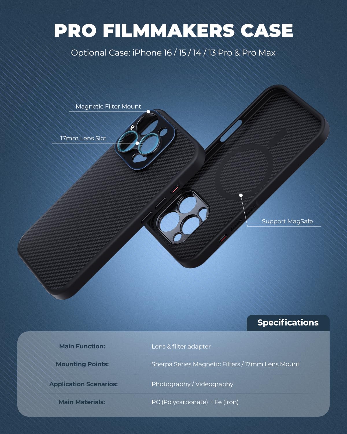 FREEWELL Cellular Phone CASE for iPhone 15 Pro Magnetic Filter Support, 17mm Lens Slot, Black