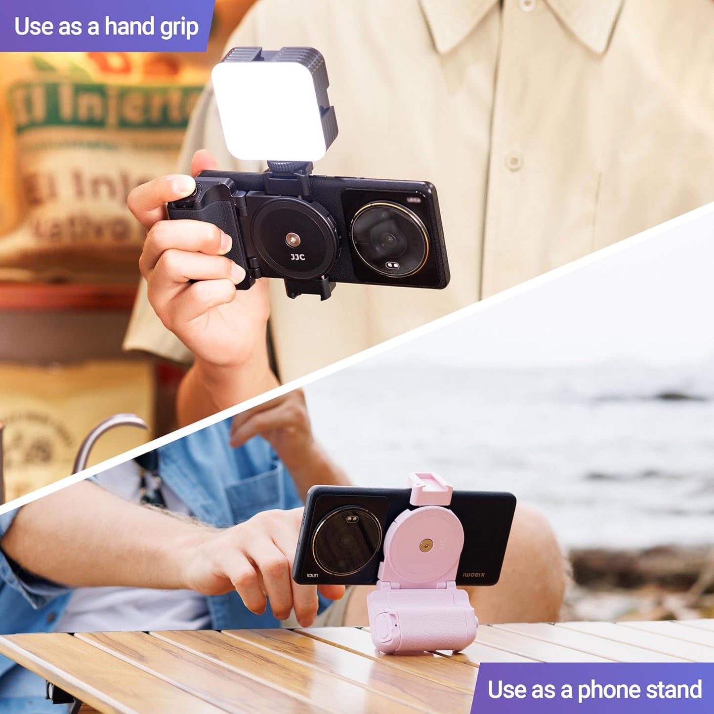 JJC Phone Camera Grip with Wireless Remote, Smartphone Remote Grip Handle with Adjustable Phone Clamp & Two Cold Shoe Mounts for iPhone Samsung Android Phone