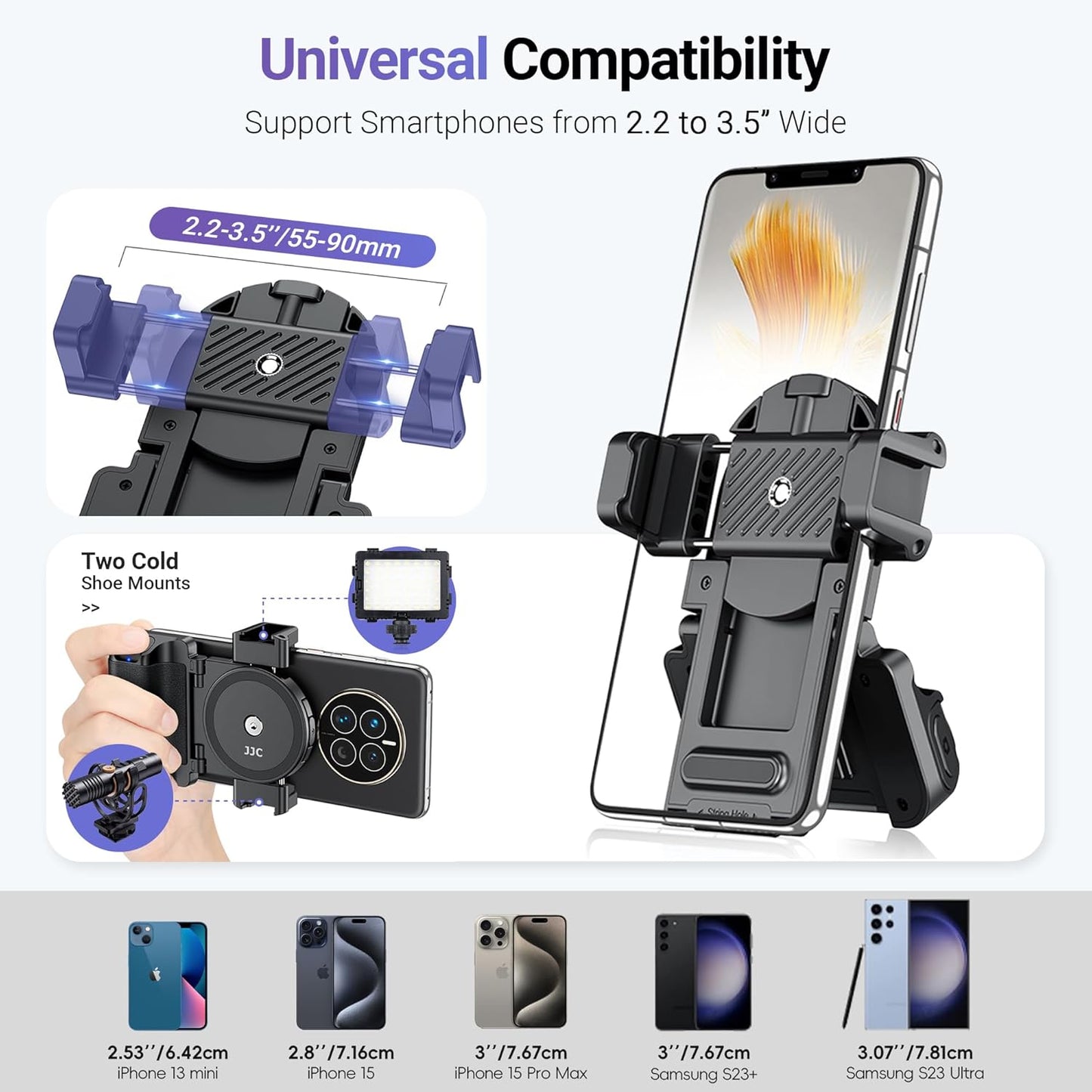 JJC Phone Camera Grip with Wireless Remote, Smartphone Remote Grip Handle with Adjustable Phone Clamp & Two Cold Shoe Mounts for iPhone Samsung Android Phone for Vlog Video Photo Shooting-Black