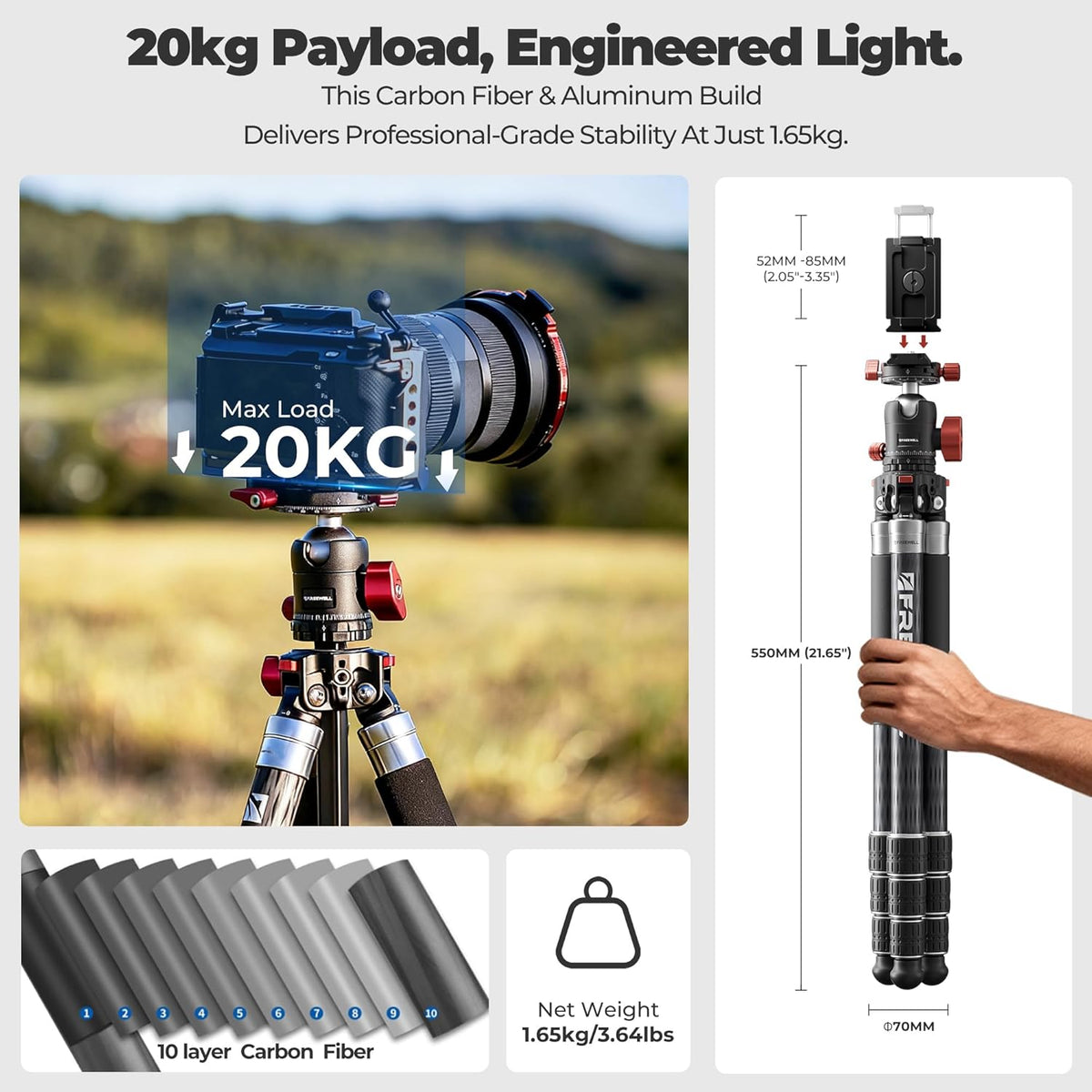 5-in-1 Multi-Tripod for Cameras and Smartphones (Carbon Fiber Design, 20kg) (view 6)