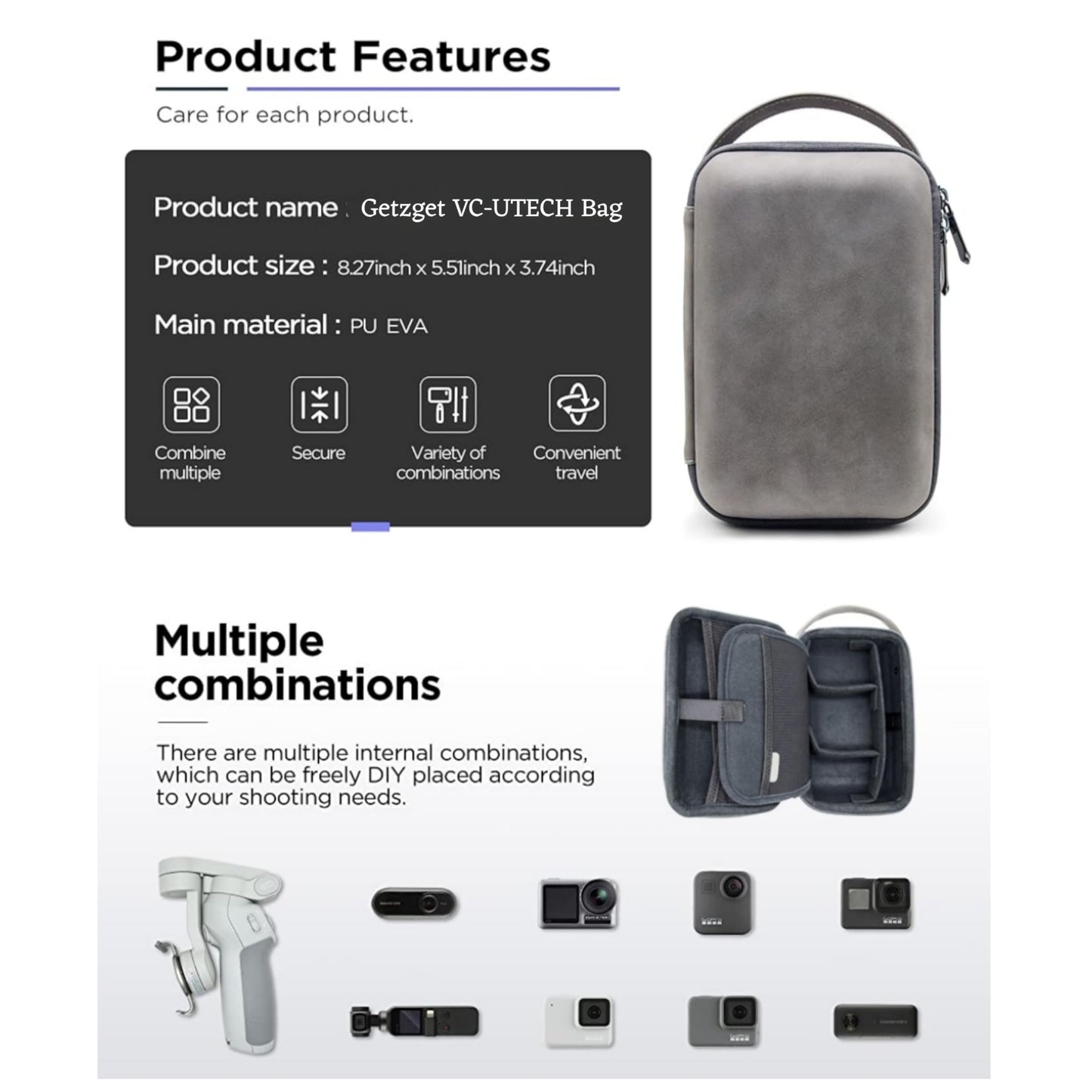 GetZget® VCU-TECH Multipurpose Camera Case Compatible with DJI Pocket 3/2/ 1, Om7/ 7P, OM6/ 5/4 Osmo Mobile, GoPro, Insta360 Flow 2 Pro, Ace pro 2, x5, x4, Go 3s Camera Protective Premiume Bag