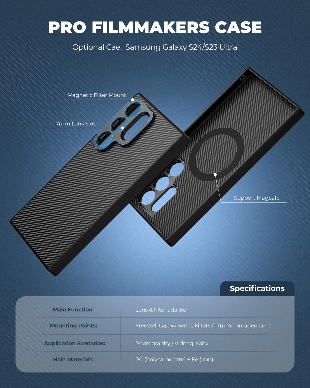 FREEWELL Pro Filmmaker Case for Samsung S24 Ultra - Magnetic Filters & 17mm Lens Slot Black