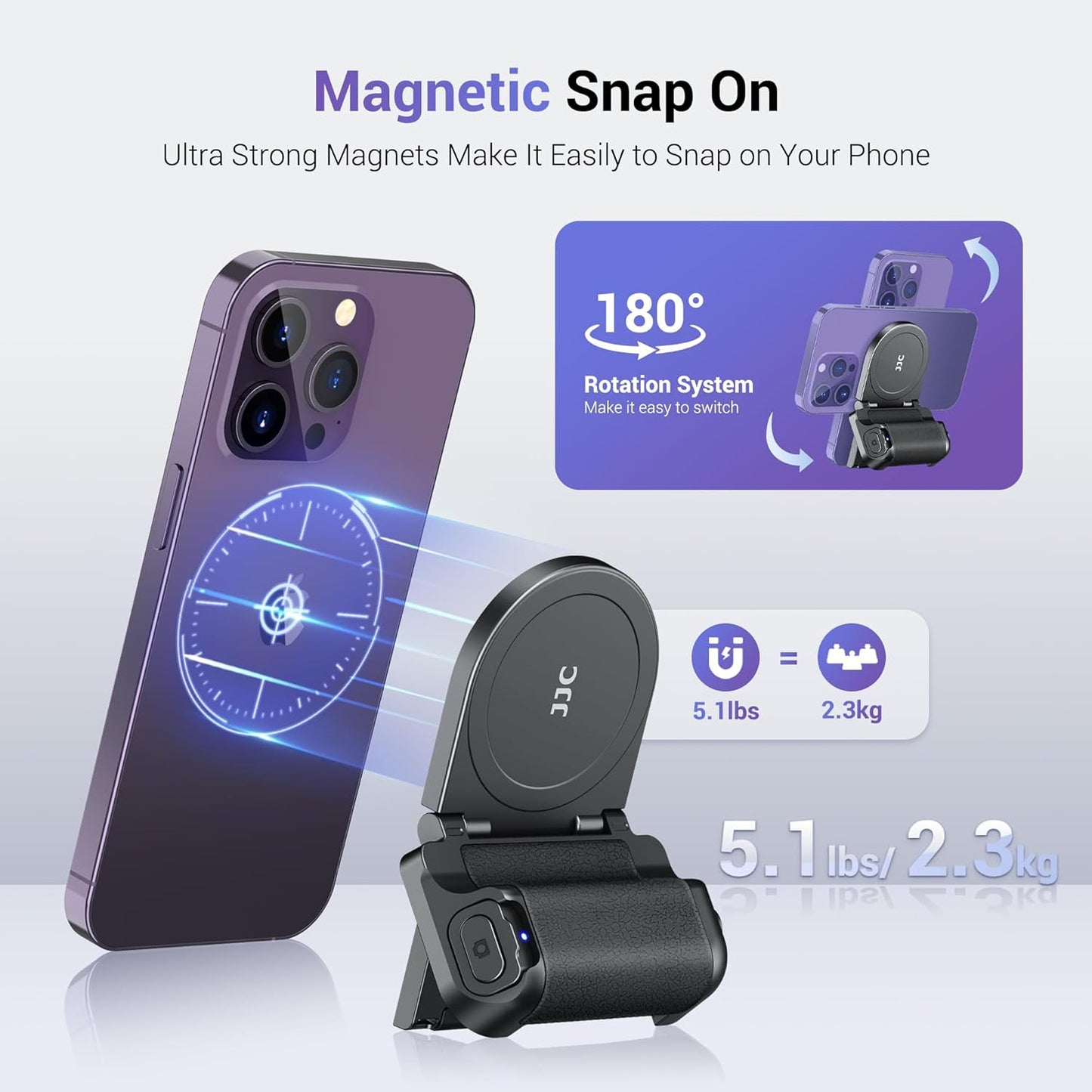JJC Magnetic Phone Camera Grip Handle with Wireless Shutter Remote, Magsafe Camera Handle Bluetooth Bracket for iPhone Android Smartphone
