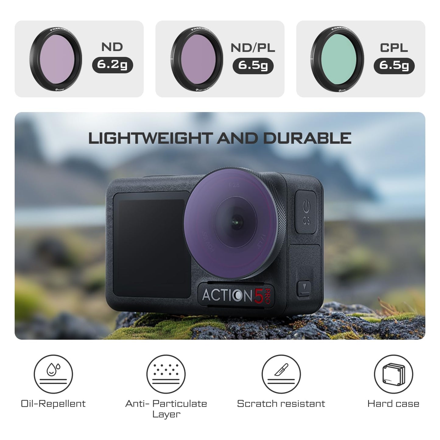 Freewell ND8, ND16, ND32, ND64 Standard Day Filter Set for Osmo Action 5 Pro