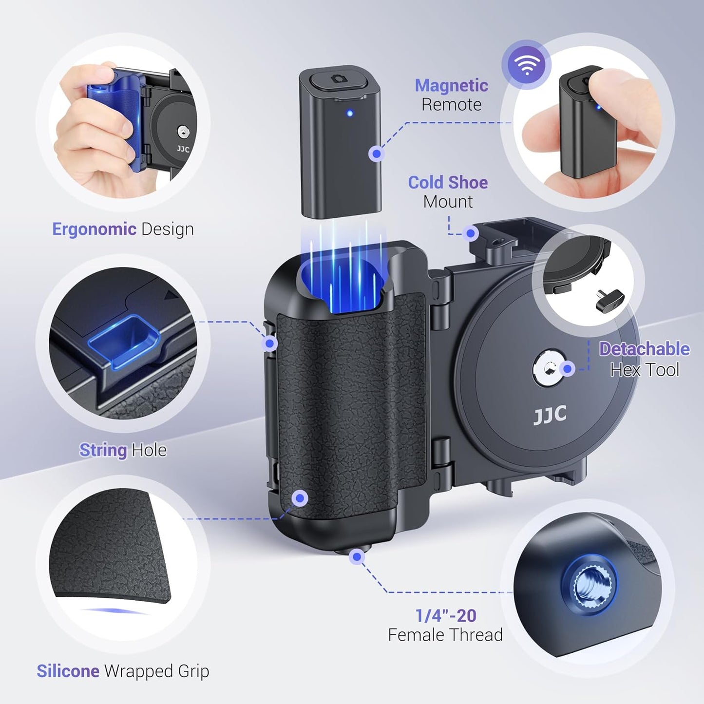 Phone Camera Grip with Wireless Remote, Smartphone Remote Grip Handle with Adjustable Phone Clamp & Two Cold Shoe Mounts for iPhone Samsung Android Phone