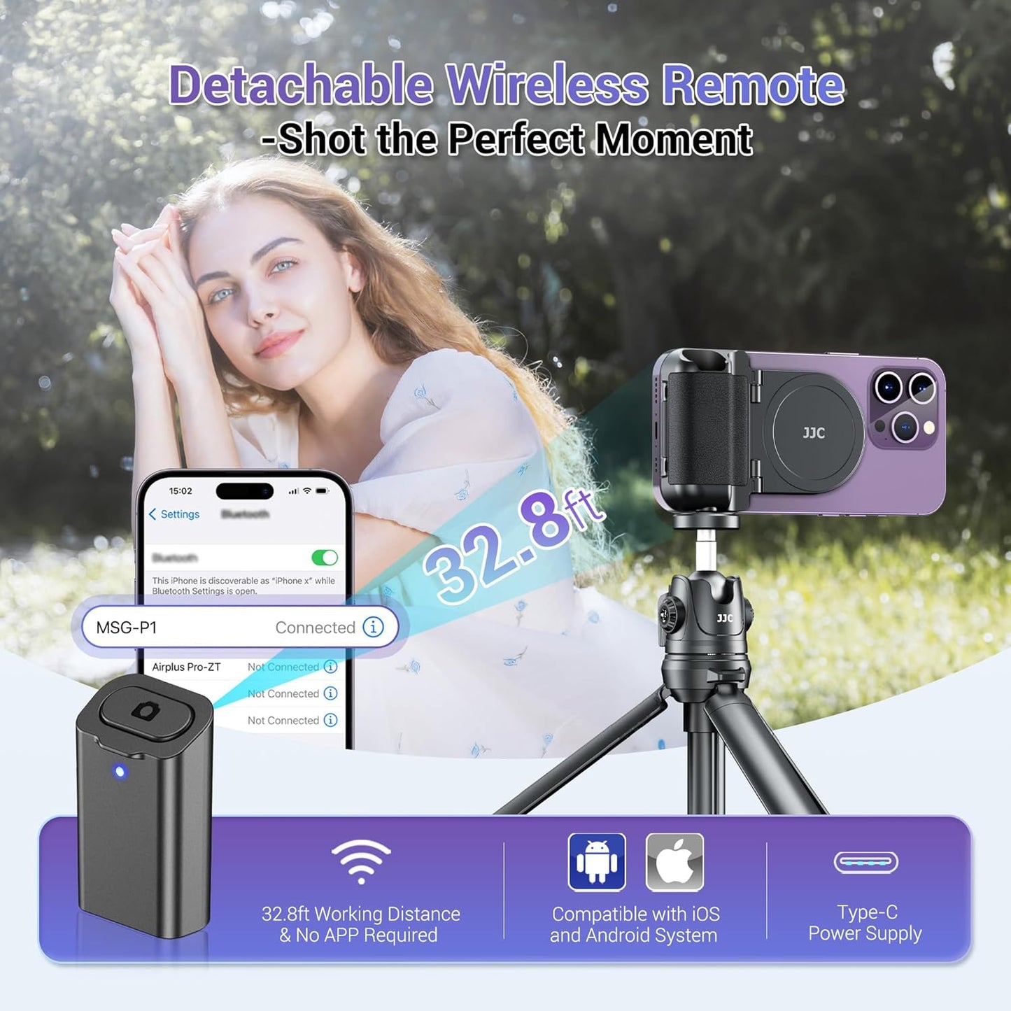 JJC Magnetic Phone Camera Grip Handle with Wireless Shutter Remote, Magsafe Camera Handle Bluetooth Bracket for iPhone Android Smartphone