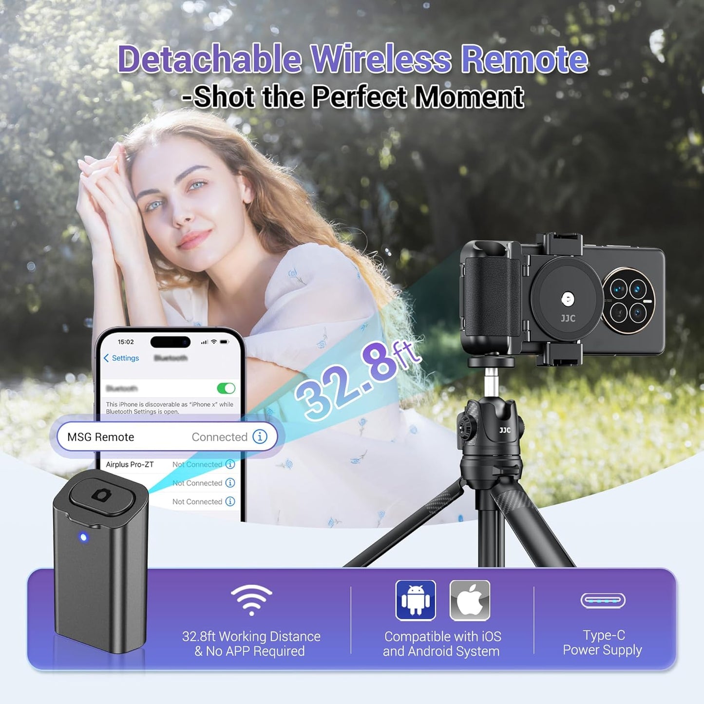 JJC Phone Camera Grip with Wireless Remote, Smartphone Remote Grip Handle with Adjustable Phone Clamp & Two Cold Shoe Mounts for iPhone Samsung Android Phone for Vlog Video Photo Shooting-Black