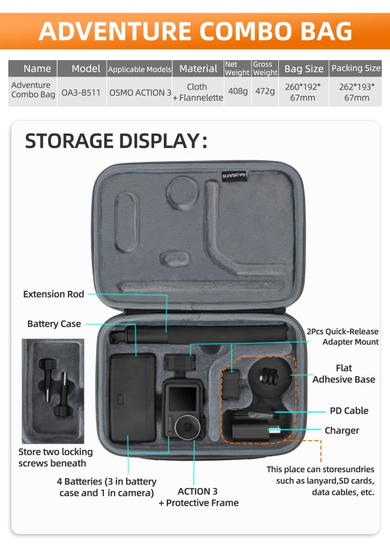 Adventure Combo Carrying Case Bag for DJI Action 3 Camera Travel Case