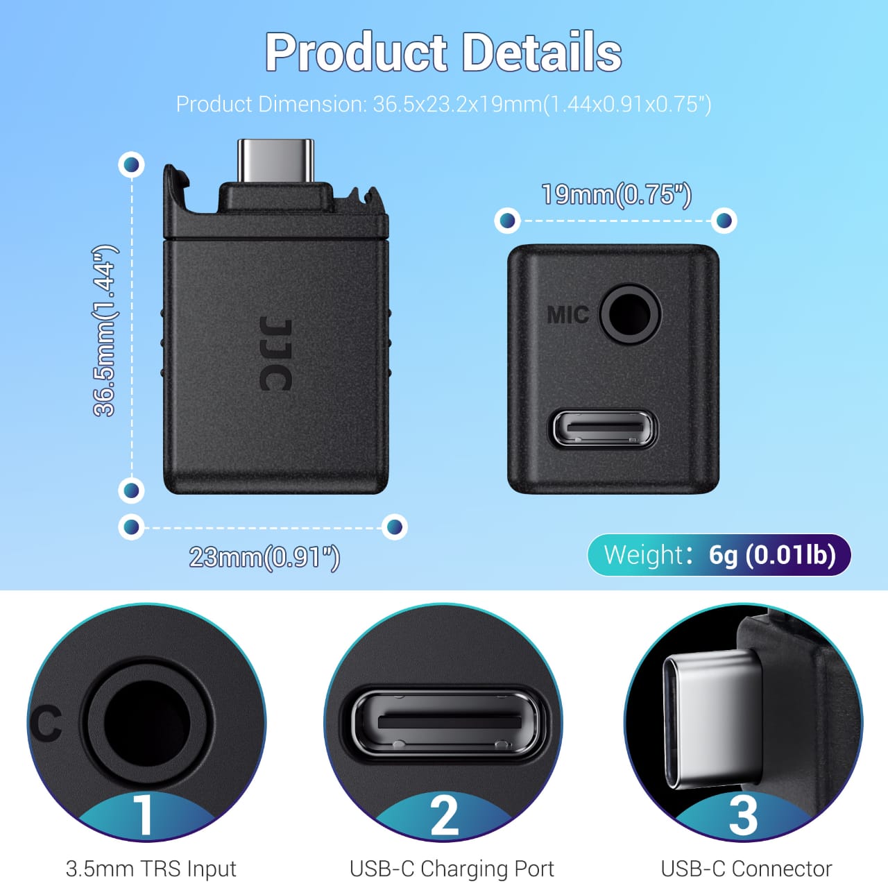 JJC 3.5mm Mic Adapter for DJI OSMO Action 4/ 5 Pro Camera