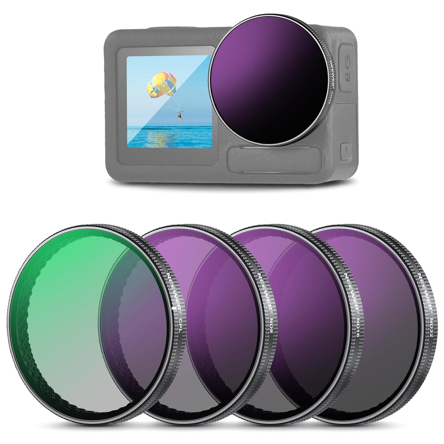NEEWER Snap On ND Filter Set Compatible with DJI Osmo Action 3/4/5 Pro, 4 Pack ND8+ND16+ND32+CPL Neutral Density Polarizing Action Camera Accessories, Multicoated HD Optical Glass, FL-A76