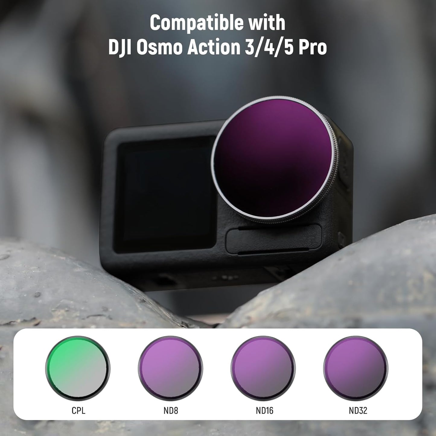 NEEWER Snap On ND Filter Set Compatible with DJI Osmo Action 3/4/5 Pro, 4 Pack ND8+ND16+ND32+CPL Neutral Density Polarizing Action Camera Accessories, Multicoated HD Optical Glass, FL-A76
