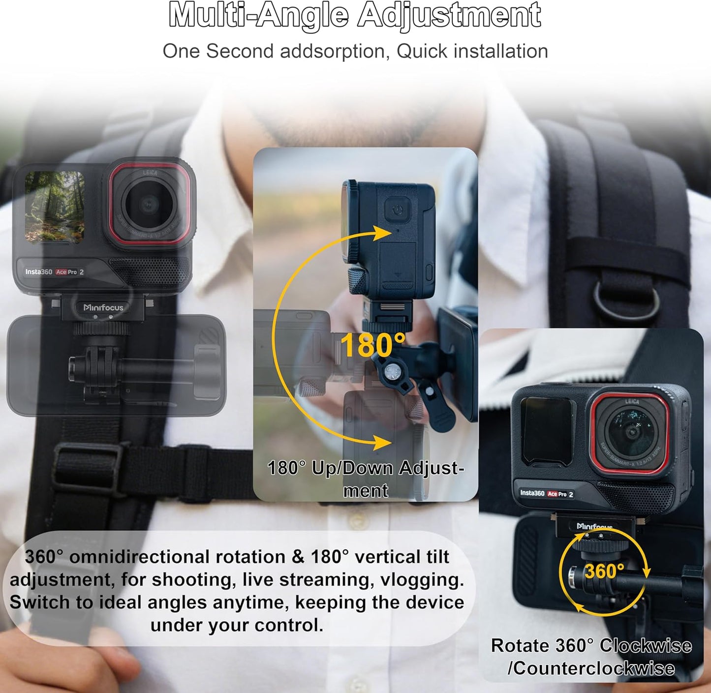Magnetic Backpack Mount Clip, Universal 360° Swivel Action Camera Clip for Go Pro DJI Osmo Insta360 AKASO Action Cameras