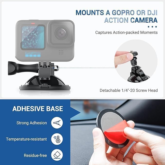JJC Suction Cup Mount with 1/4"-20 Screw for DJI OSMO Nano Action 6/ 5 Pro 4 3 Action Camera, Strong Stable Suction Cup Base Compatible with Gopro 13 12 11 10, for Insta360 X5 X4 X3 OSMO 360 Car Mount