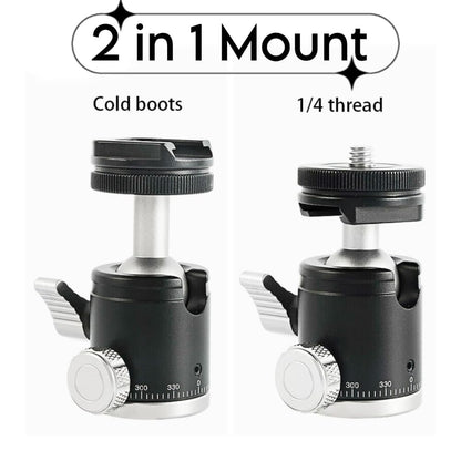  2 in 1 Ball Head Mount & Cold Shoe Mount for DSLR Camera, Tripod 1/4 screw 360 degree Panoramic Head