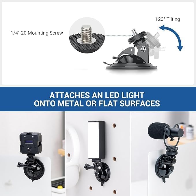 JJC Suction Cup Mount with 1/4"-20 Screw for DJI OSMO Nano Action 6/5 Pro 4 3 Action Camera, Strong Stable Suction Cup Base For Gopro 13 12 11 10, for Insta360 X5 X4 X3 OSMO 360 Car Mount