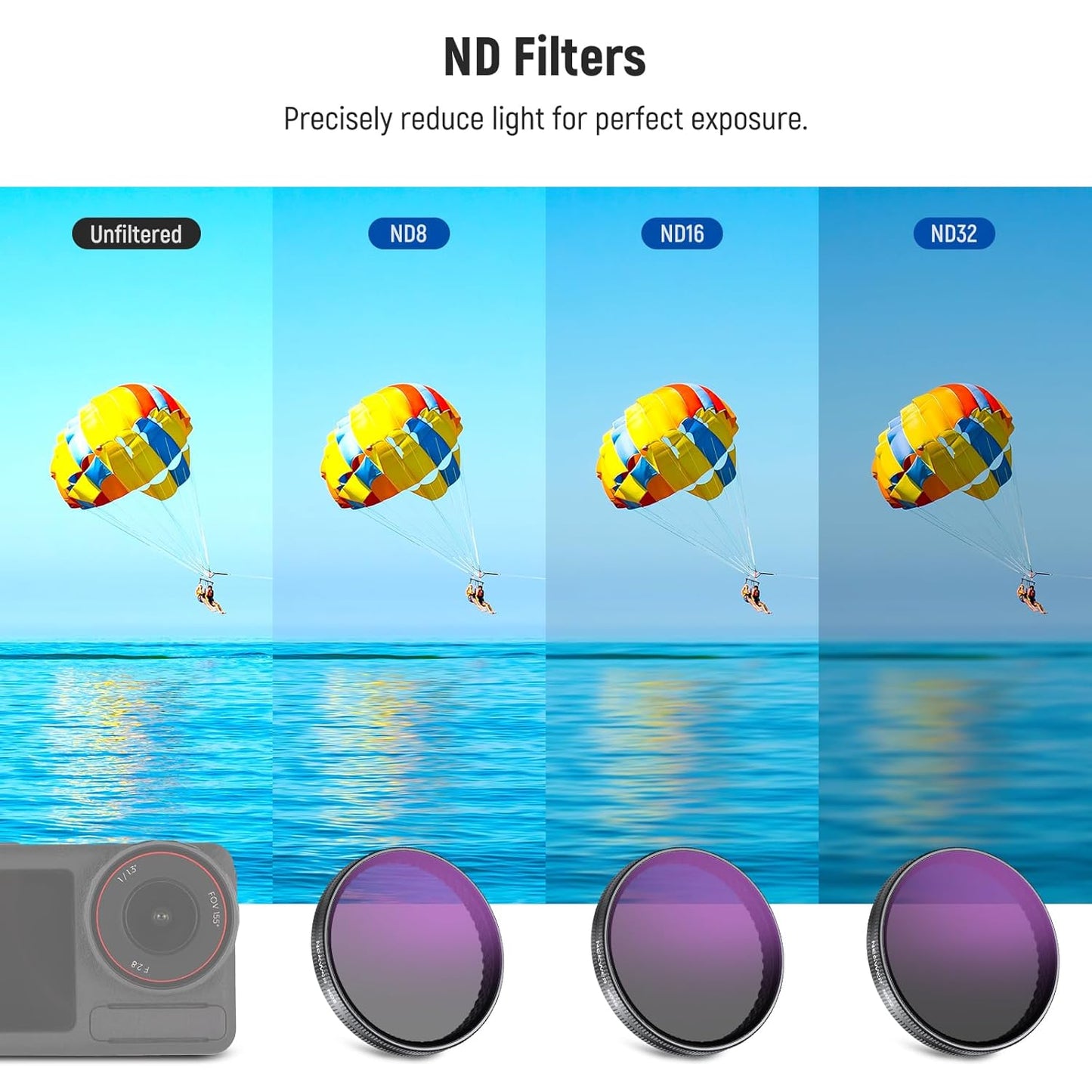 NEEWER Snap On ND Filter Set Compatible with DJI Osmo Action 3/4/5 Pro, 4 Pack ND8+ND16+ND32+CPL Neutral Density Polarizing Action Camera Accessories, Multicoated HD Optical Glass, FL-A76