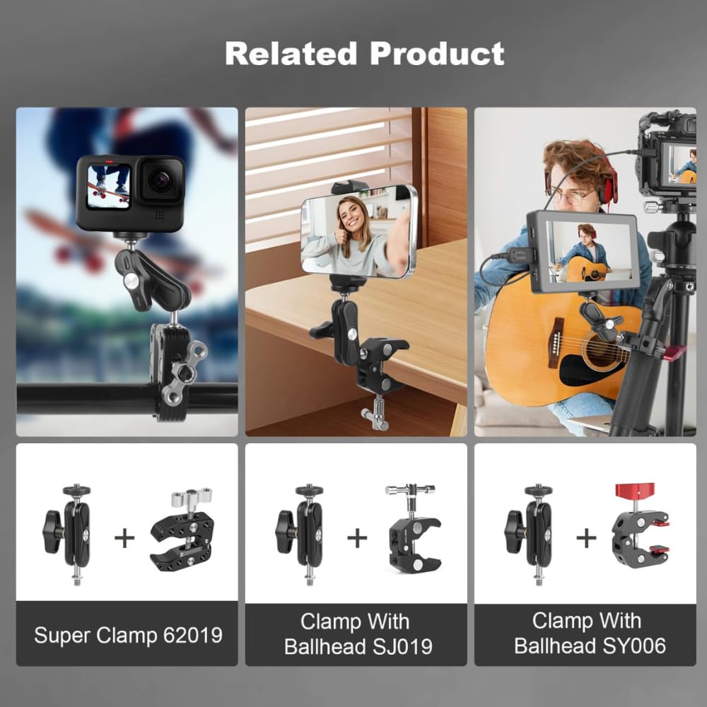 GetZget® Universal Double Ball Head Magic arm 1/4" Screw Extendable Mount For Insta360 X5/ X4/ X3, DSLR Camera, DJI Action 5/ Pocket 3, Bike Bracket Mount Accessories