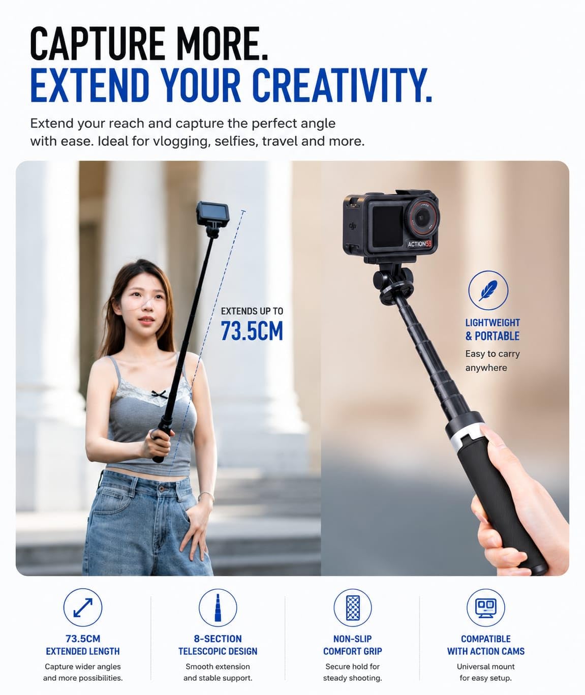  Martvsen Universal Selfie Stick Tripod for Insta360 X5/X4/X3/X2, DJI Osmo Action 5 Pro/4/3, Osmo Pocket 4,3, GoPro Hero Series