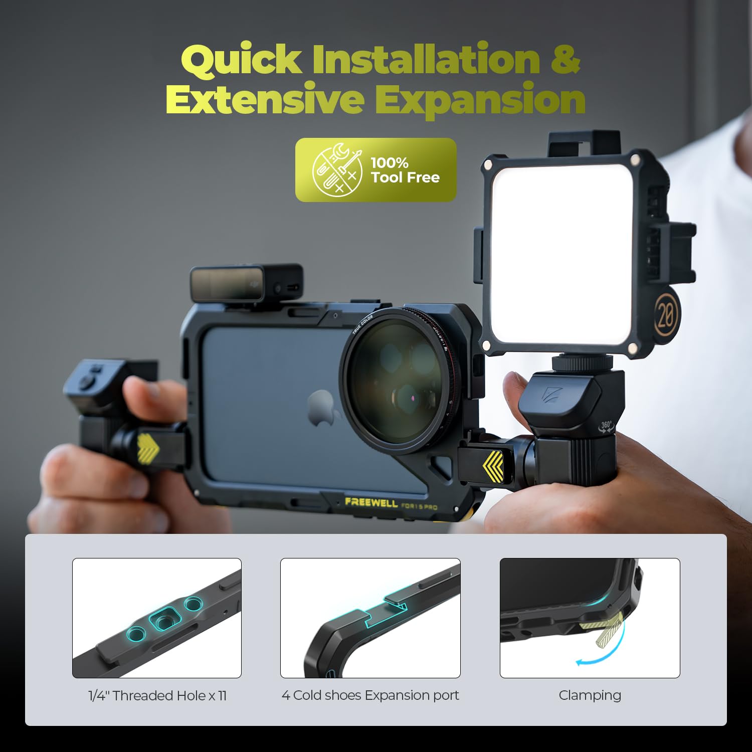 Freewell Genius Rig Cage for iPhone 17 Pro Multifunctional Tripod and Monopod Handles, Bluetooth Remote