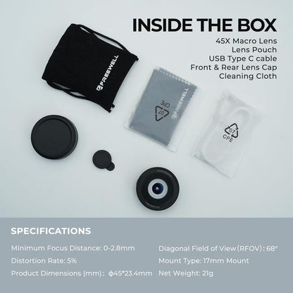 Freewell 45x Macro Lens for Smartphones 17mm Threaded Extreme Detail Close-Ups Lens 