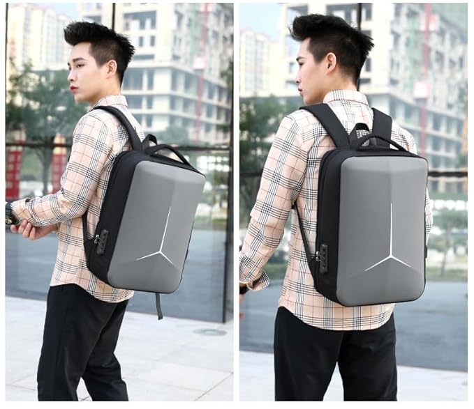 Laptop Carrying Case Bag Multipurpose Fashion Hard Case Backpack for School/College/Office With USB & Type-C Charging Port & Number Lock(Grey)