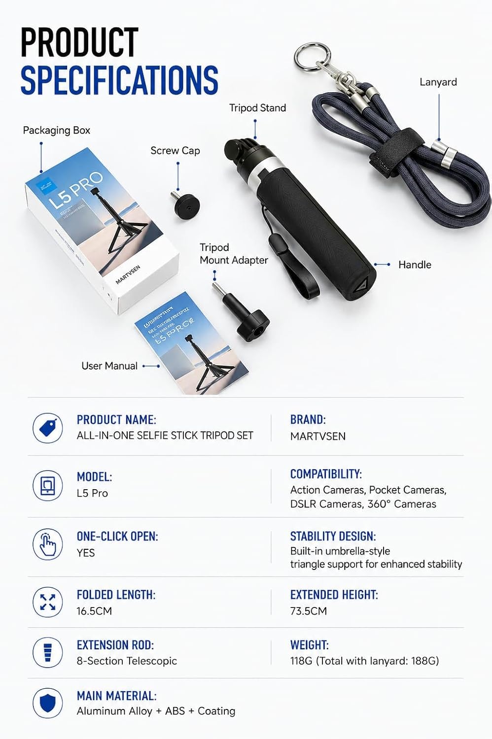  Martvsen Universal Selfie Stick Tripod for Insta360 X5/X4/X3/X2, DJI Osmo Action 5 Pro/4/3, Osmo Pocket 4,3, GoPro Hero Series
