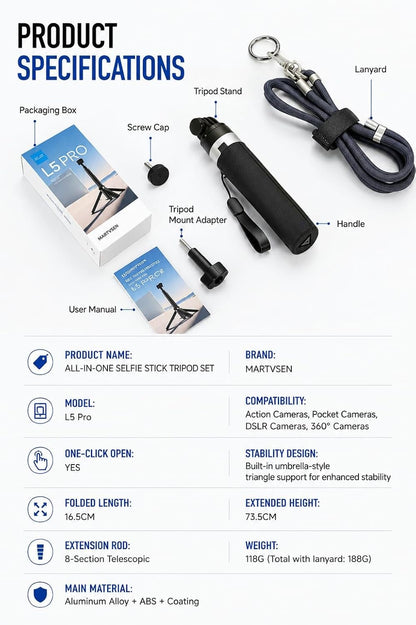  Martvsen Universal Selfie Stick Tripod for Insta360 X5/X4/X3/X2, DJI Osmo Action 5 Pro/4/3, Osmo Pocket 4,3, GoPro Hero Series