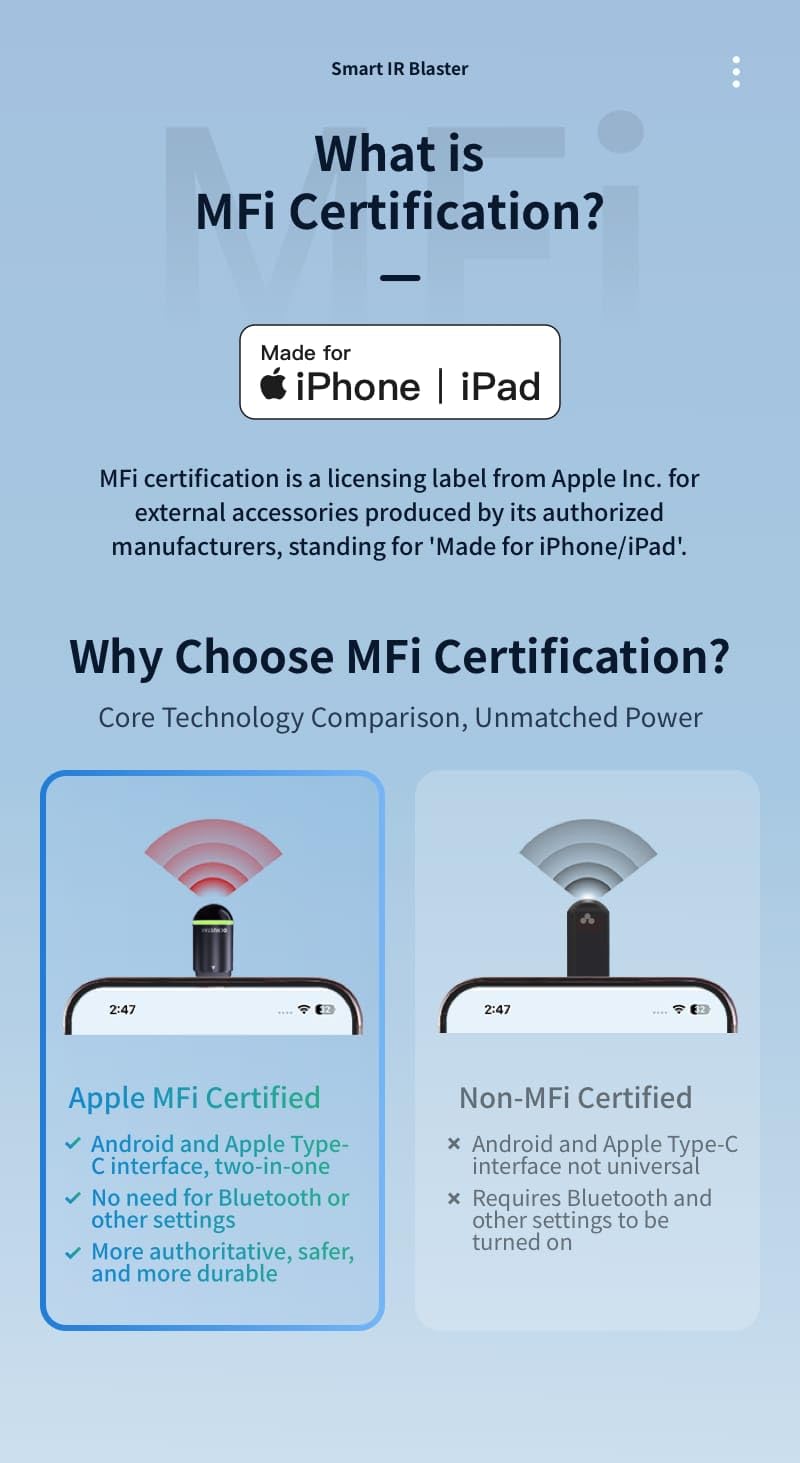 Ocrustar MFi Mini IR Adapter 6th Generation(2025) For iPhone 17/16//15,IR Blaster Control Tv/Ac/Bulb/Fan/Set-Top-Box/Water Heater/Projector/Camera (Type-C) iOS