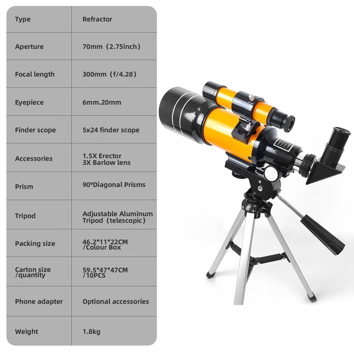 GetZget® 300mm Telescope for Kids & Beginners, Portable Refractor Telescope with Adjustable Tripod, Viewfinder, Eyepiece & Diagonal Prism for Moon, Stars & Nature Viewing