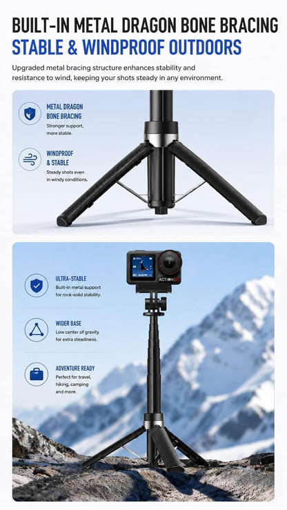 GetZget® Martvsen Universal Selfie Stick Tripod for Insta360 X5/X4/X3/X2, DJI Osmo Action 5 Pro/4/3, Osmo Pocket 4,3, GoPro Hero Series | 73.5cm Extendable | 8-Section | Hand Grip with Tripod