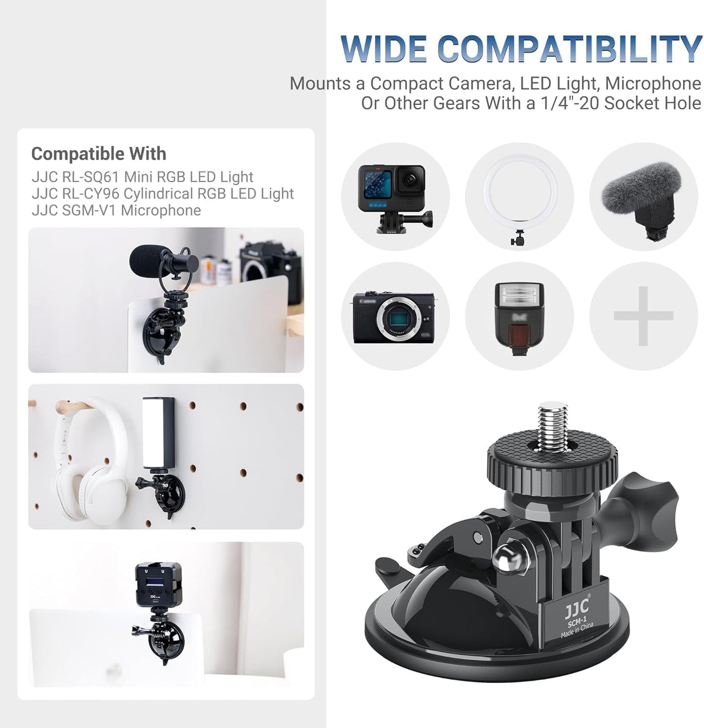 JJC Suction Cup Mount with 1/4"-20 Screw for DJI OSMO Nano Action 6 5 Pro 4 3 Action Camera, Strong Stable Suction Cup Base Compatible with Gopro 13 12 11 10, for Insta360 X5 X4 X3 OSMO 360 Car Mount