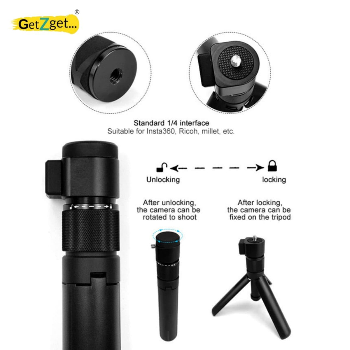 Bullet Time Handle with 360° Rotatable Tripod for Insta360 X5, X4, X3, X2 (view 2)