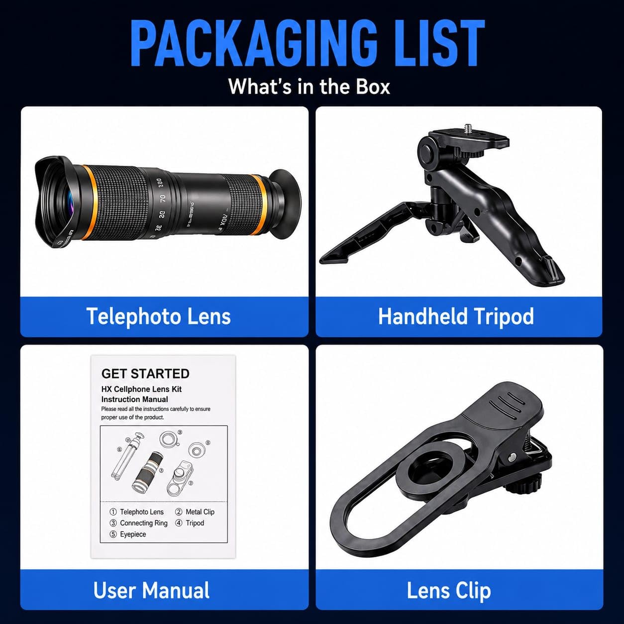 GetZget® Universal Smartphone 36X Metal Telephoto Lens Kit with Lens Clip & Handheld Tripod, Mobile Phone Camera Lens for Photography, Travel, Wildlife & Sports