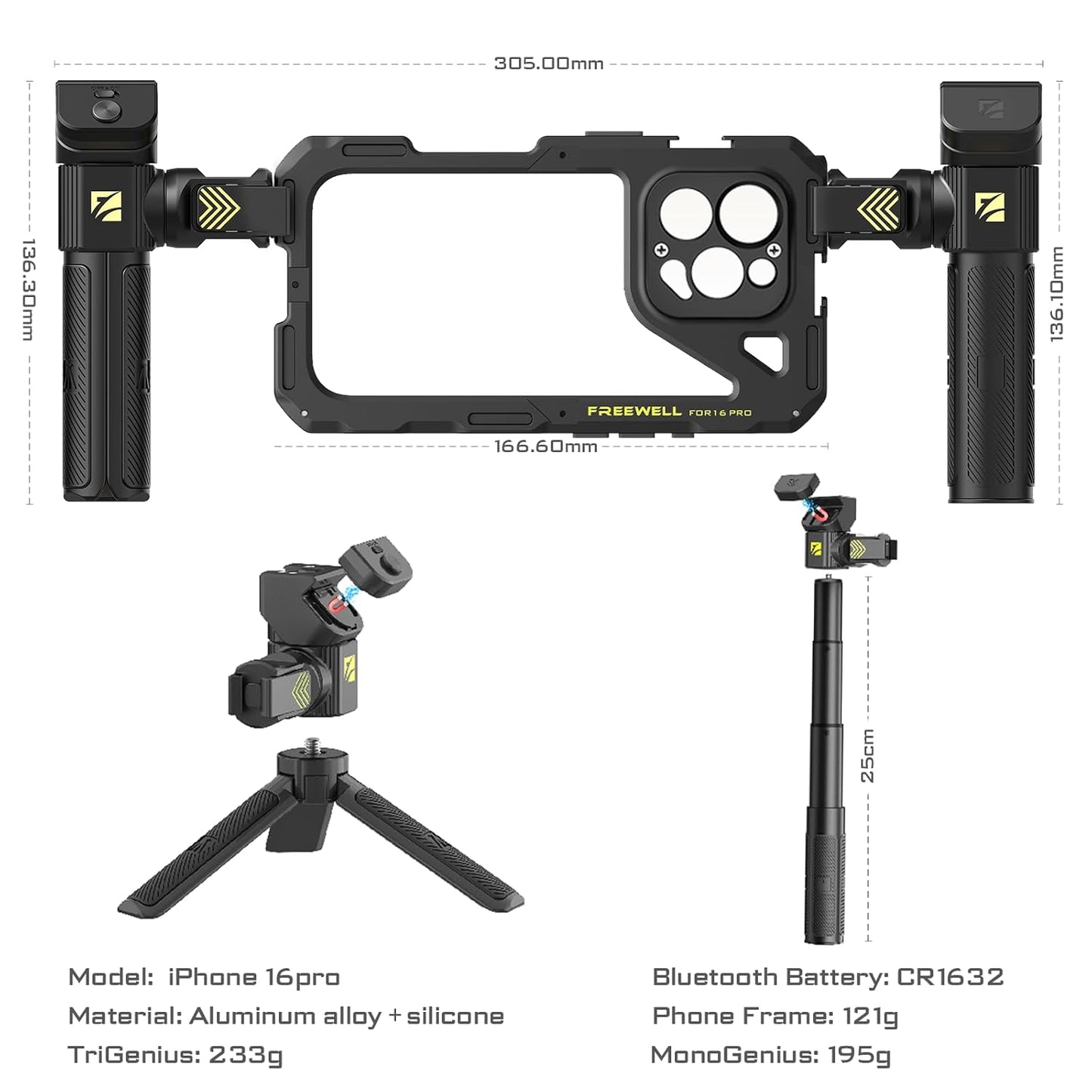 Freewell Genius Rig Cage for 16 Pro -  Multifunctional Tripod & Monopod Handles, Bluetooth Remote
