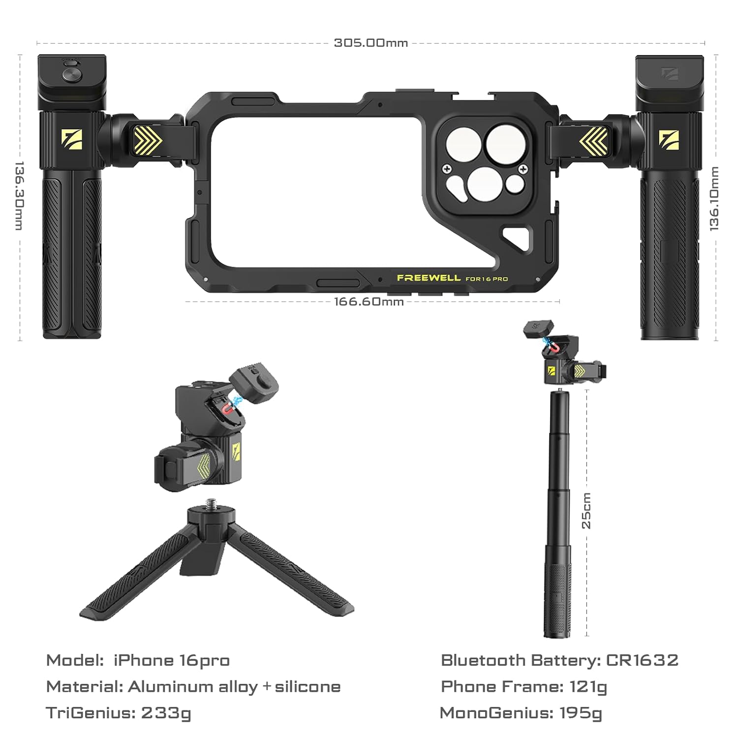 Freewell Genius Rig Cage for 16 Pro -  Multifunctional Tripod & Monopod Handles, Bluetooth Remote