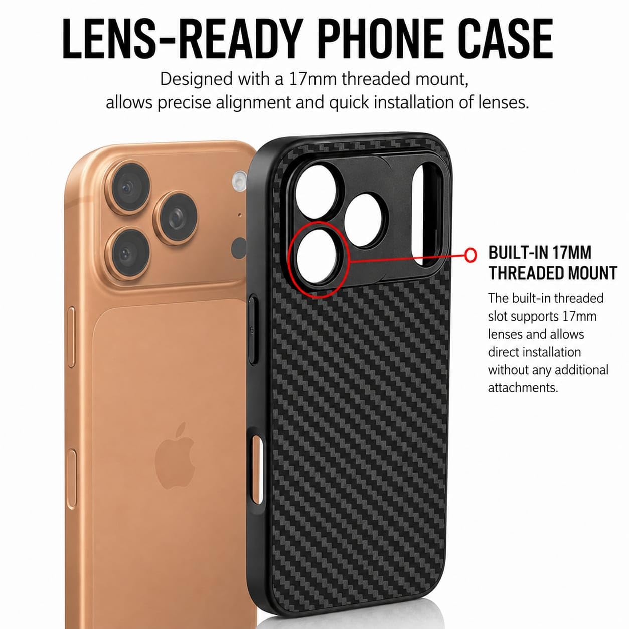 17mm Lens Mount Phone Case For iPhone 17 Pro | Supports 17mm Telephoto, Macro & Wide-Angle Lenses