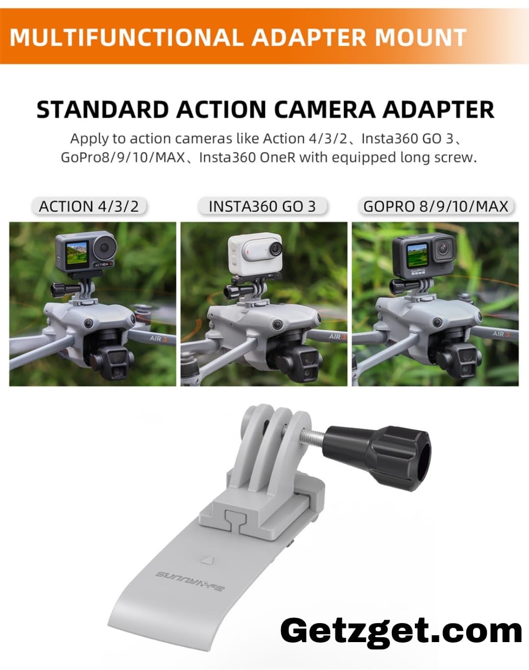 Action Camera Holder Mount Expansion Bracket for DJI Air 3 -Mount for Gopro, insta360, DJI Action Camera - GetZget