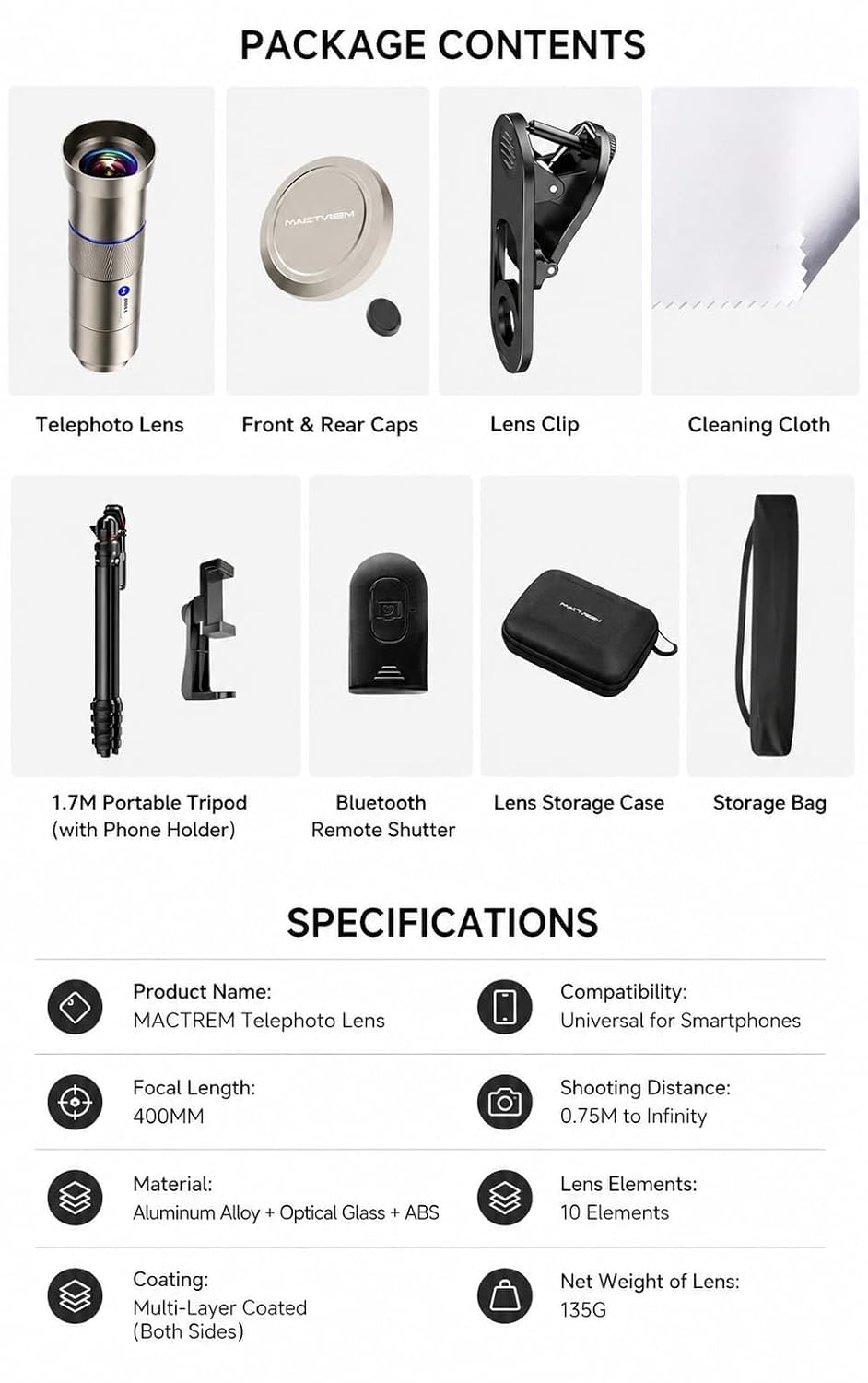 GetZget® 25X Telephoto Lens for Smartphones | 400mm HD Optical Zoom Camera Lens Kit with Tripod, Bluetooth Remote, Universal Clip & Carry Case 