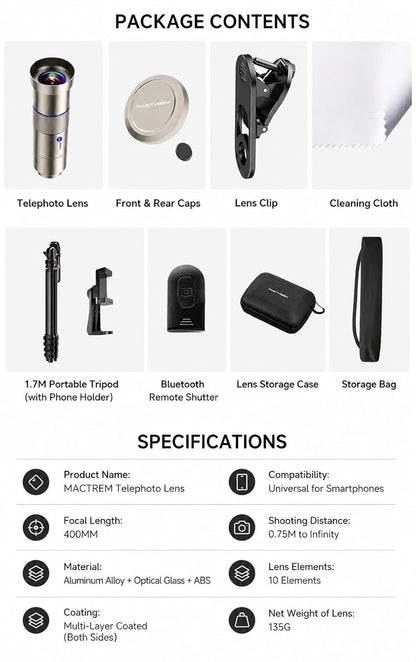 GetZget® 25X Telephoto Lens for Smartphones | 400mm HD Optical Zoom Camera Lens Kit with Tripod, Bluetooth Remote, Universal Clip & Carry Case 