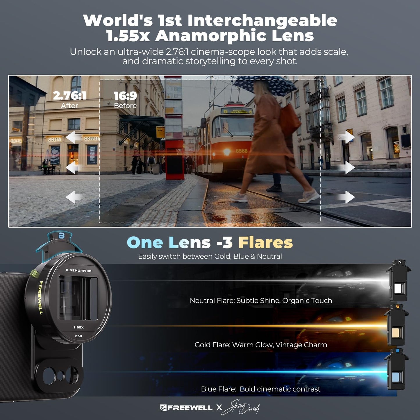 Freewell 1.55x Anamorphic Lens for iPhone & Samsung - 3-in-1 Streak (Neutral, Gold, Blue)