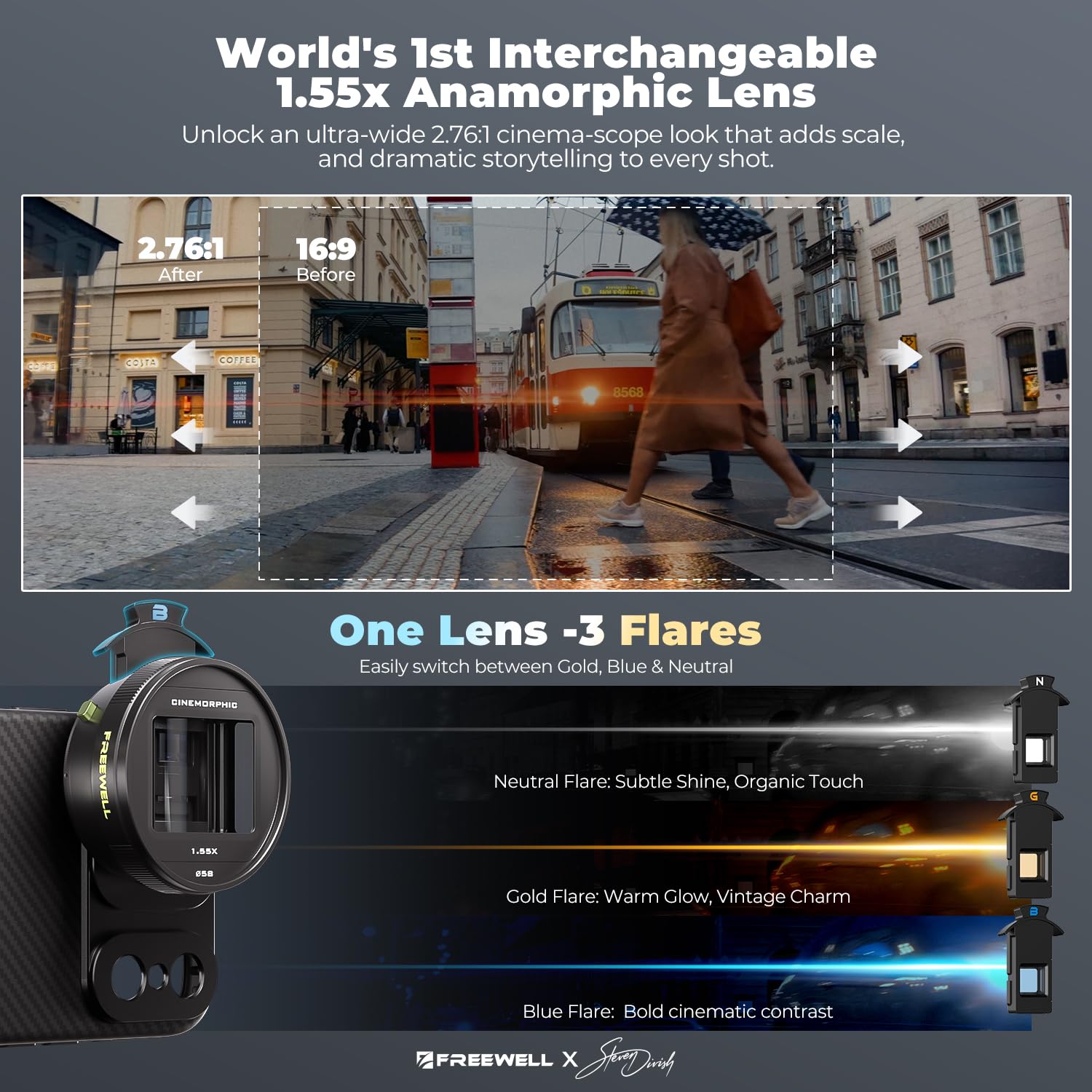 Freewell 1.55x Anamorphic Lens for iPhone & Samsung - 3-in-1 Streak (Neutral, Gold, Blue)